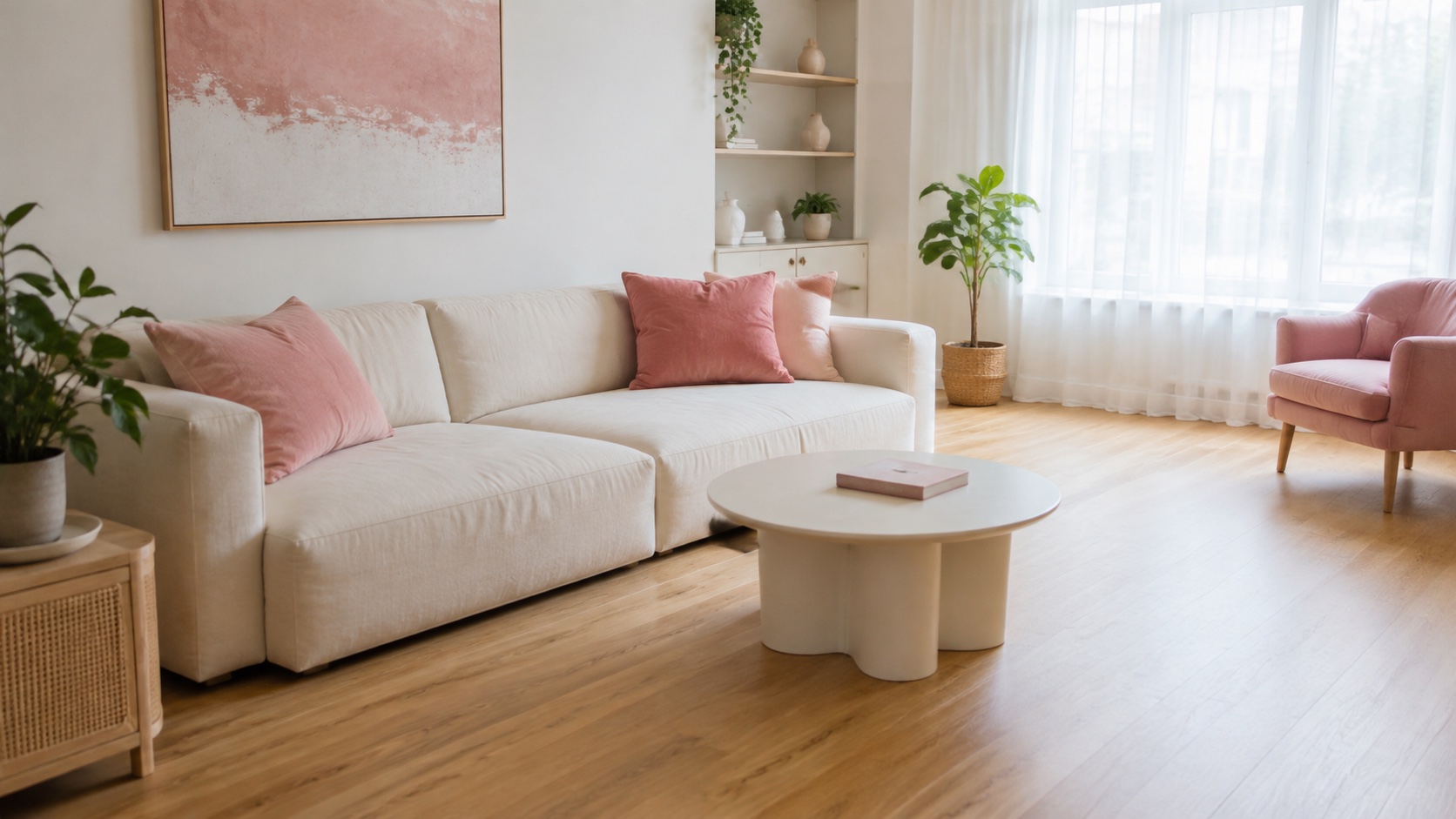 Bright clean living room with pink cushions