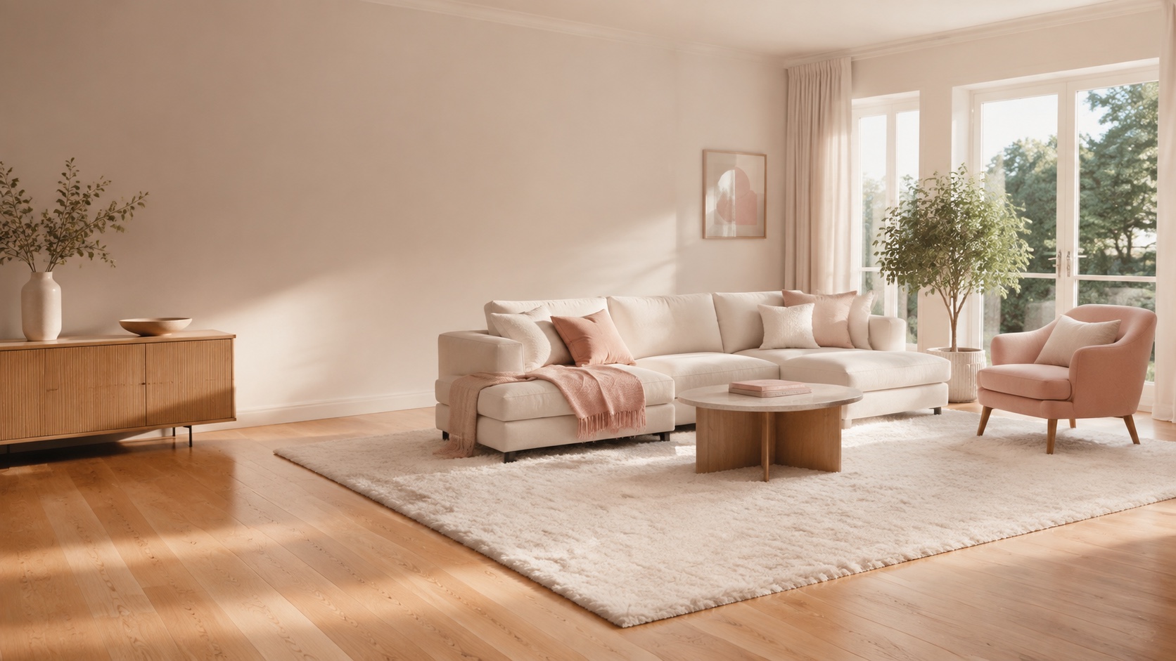 Sunlit living room with a cream sofa, pink armchair, and freshly cleaned oak floors